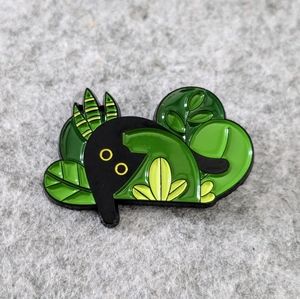 Cat and Plants Pin - Black Cat with Green Leaves